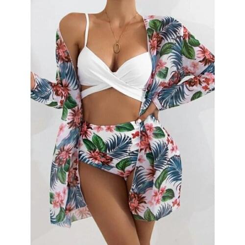 2021 Women Swimsuit Three Piece Beach Swimwear Sexy Floral Bandage Bra Tops Panties Cloak Coat Bikini Ladies Swim Bathing Suit