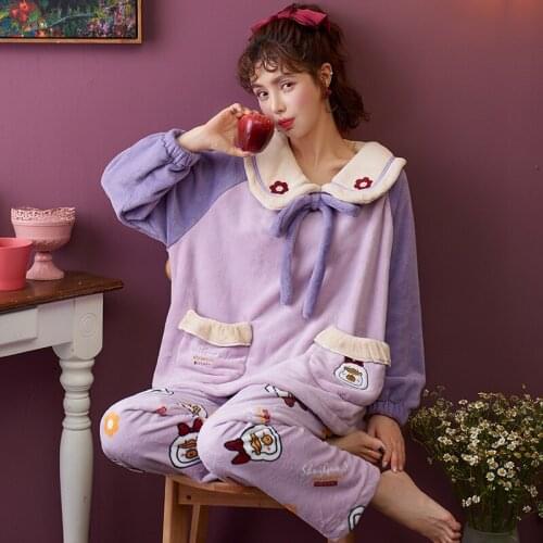 Winter Long Sleeved Warm Flannel Pajamas Women Pajama Sets Print Thicken Sleepwear Pyjamas Plus Size Pajama Sets M-4XL Nightwear