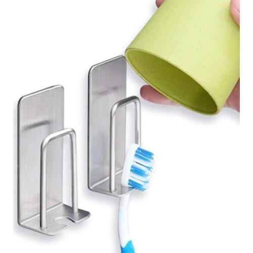 1 Set Strong Suction Wall Stainless Steel Hooks Toothbrush Cup Holder Set Drilling Free Storage Bracket Bathroom Accessory