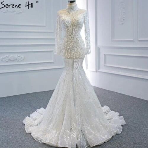 White Mermaid Pearls High Collar Wedding Dresses 2020 Dubai Luxury Long Sleeves Bride Gowns DHM67140 Custom Made