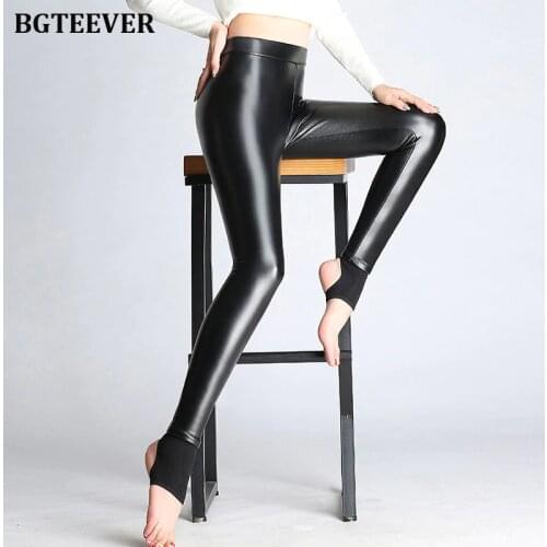 BGTEEVER Spring Autumn Winter Soft PU Leather Pant Women Velvet Pants Warm Stretch Skinny Trousers Pencil Leather Leggings