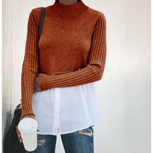 Women 2 In 1 Patchwork Pullover Tops Ribbed Knitted Long Sleeve Sweater Button Down Layered Shirt Blouse Hem Jumper
