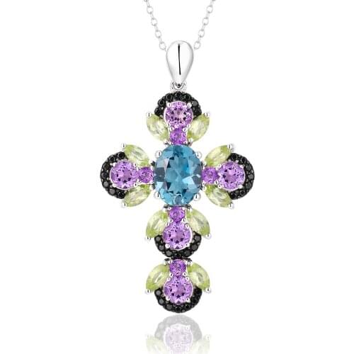 GZ ZONGFA Shiny Natural Women Topaz Amethyst Cross Pendant Necklaces Fashion Jewelry Gifts 925 Sterling Silver Jewelry