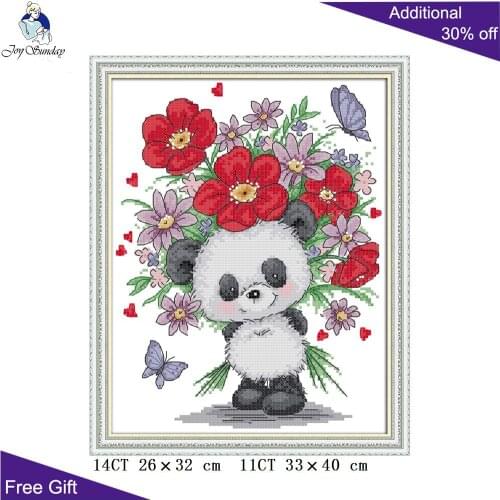 Joy Sunday Flowers Panda Needlework DA168 14CT 11CT Counted and Stamped Home Decor Bear Giving Flowers Cross Stitch kits
