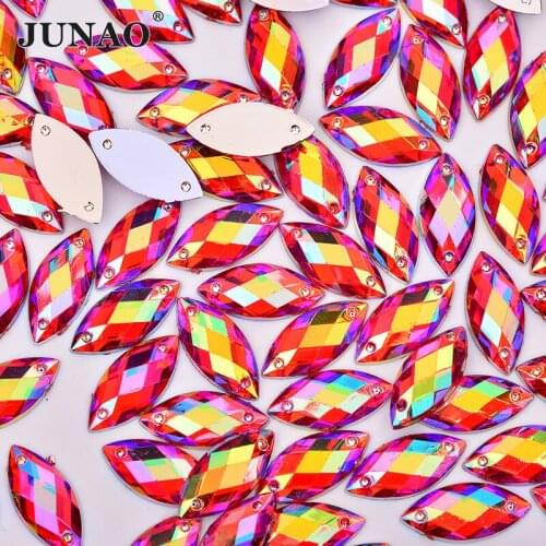 JUNAO 7x15mm Glitter Red AB Crystal Rhinestones Acrylic Strass Sew On Flat Back Gems Horse Eye Stones Applique for Dress Crafts