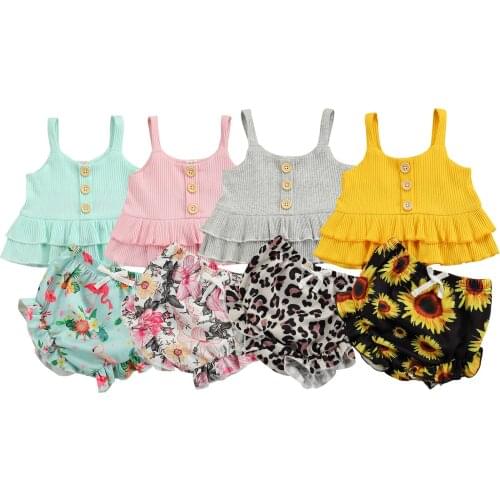 New Girl’s Summer Two Piece Set Fashion Solid Color Ruffles Suspender Tops and Leopard Triangle Short Pants