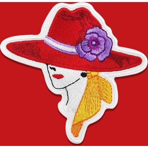 Red Hat Fashion Lady Iron on Patches for Clothes Embroidery Patch Elegant Sexy Lady Embroidered on Bag Jackets Applique