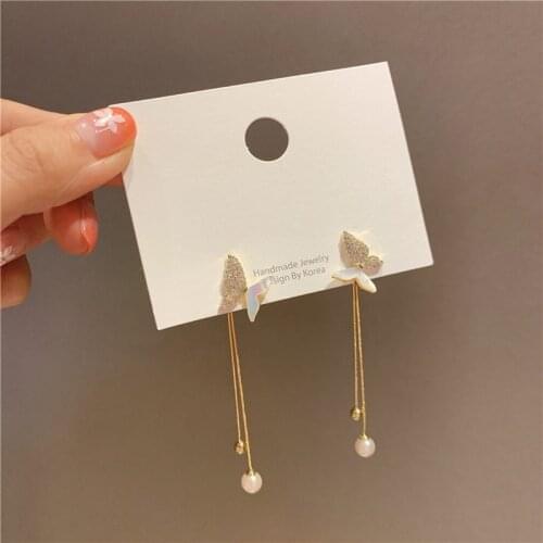 LOVOACC Elegant Sparkly Rhinestone Butterfly Tassel Earrings for Women Long Chains White Shell Simulation Wing Drop Earrings