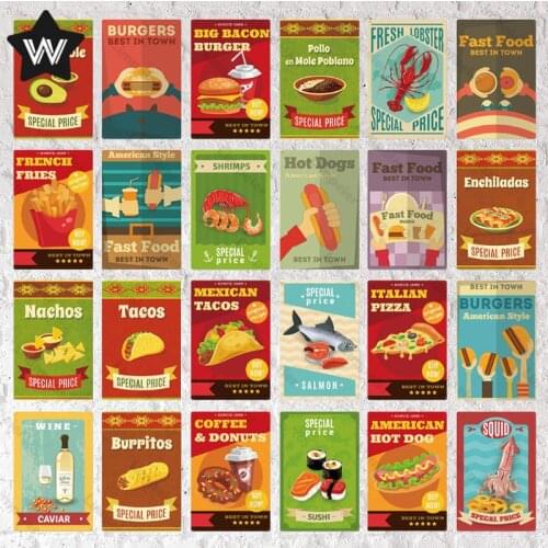 Restaurant Metal Decor Special Price Wall Sticker Various Foods Tin Plaque Hot Dog Fries Tinplate Shrimp Tin Sign for Decoration