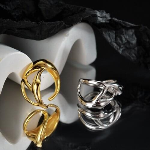 MLKENLY Gold silver color Unique Hollow Irregular Ring Female Open Glossy Rings for Women 925 Sterling Silver Jewelry