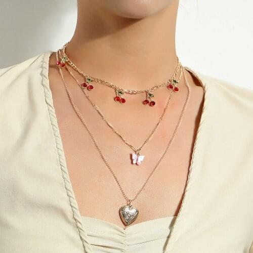 Multi-layer Trendy Butterfly Heart Pendant Necklace Women Creative Personality Cherry Pendant Clavicle Necklace Jewelry For Gift