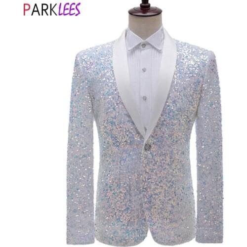 Shiny White Sequin Glitter Tuxedo Blazer Men 2020 New Shawl Collar One Button Dress Suit Jacket Mens Wedding Party Stage Clothes