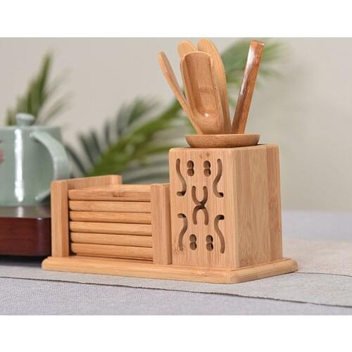 Tea Accessories Set Hollow Out Bamboo Teaspoon Round Cushion Environmentally Friendly Durable Six Gentlemen
