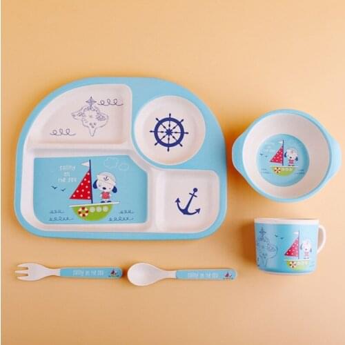 5 Piece Toddler Kids Bamboo Dinnerware Set Cartoon Animal Food Plate Feeding Dishes Bowl Spoon Fork Cup Tableware Baby