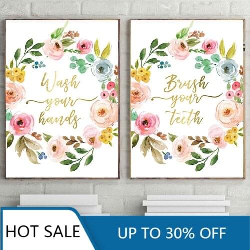 Wash Your Hands Quotes Wall Art Canvas Painting Poster Modern Toilet Funny Letters Print Flower Wall Pictures For Bathroom Decor