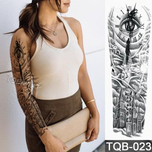 New 1 Piece Temporary Tattoo Sticker Clock Eye City Pattern Full Flower Tattoo With Arm Body Art Big Large Fake Tattoo Sticker