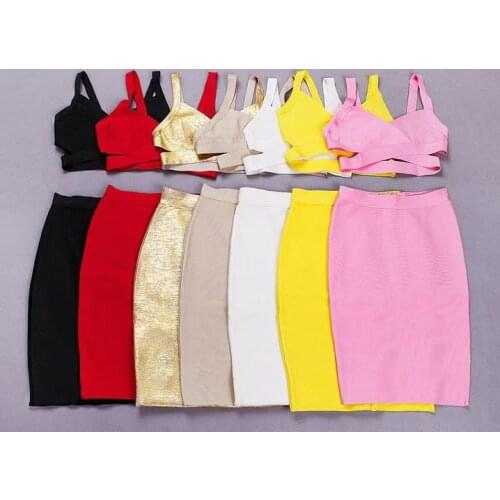 2017 new women fashion two pieces set ladies red blue white black gold pink hot strap elegant evening party bandage dress