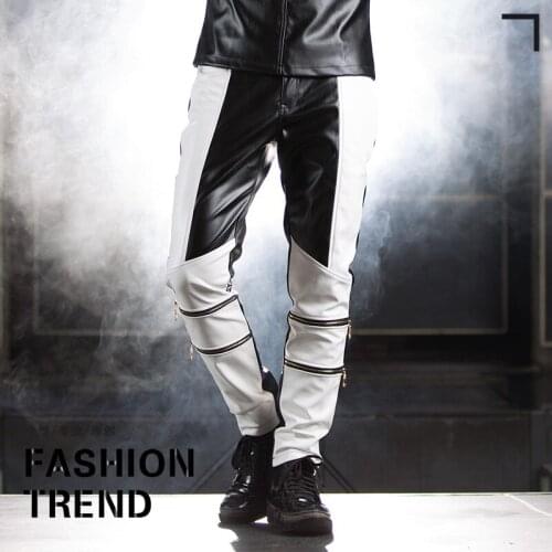 27-44 2017 New mens clothing singer dj costume patchwork hiphop punk motorcycle leather pants plus size trousers ds costumes