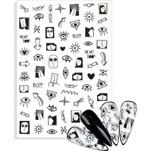 New Stickers for Nails Black White Geometry Face Eyes 3D Nail Sticker Sliders Decals Design Manicure Decorations Accessories