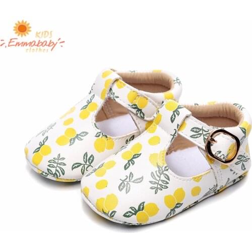 2020 Autumn T-Strap Buckle Baby PU Leather Shoes Girl Shoes Cute Printed Soft Insole Sneakers Yellow