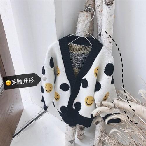 Casual Sweater For Girl Autumn New Arrival Korean Cartoon Smiley Print Knit Cardigan Kids Clothing Baby Cardigan Toddler Sweater