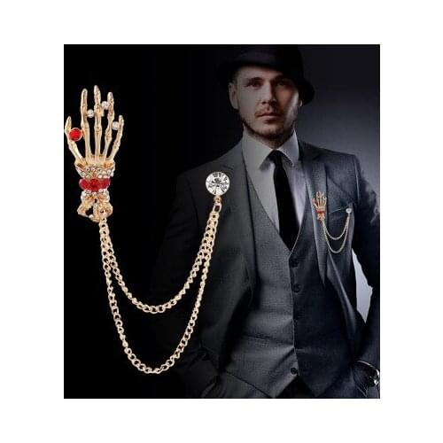 Retro Gothic Punk Skeleton Hand Bone Claw Skull Clothes Collar Clip color metal Chain high-end Crystal Brooch Pins Halloween Jew