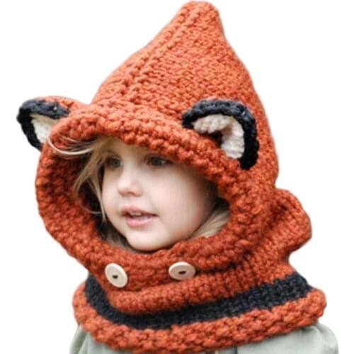 2016 Winter Kids Fox Ears Handmade Beanie Hat Scarf Sets for 1~10 Year Old Children Girls Scarves Free Shipping