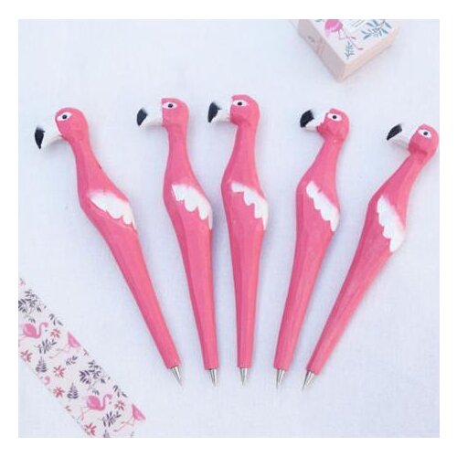 Pink Flamingo Ballpoint Biro Pen Handmade Carved Wood Animal Stationery Tropical Bird Craft Pen Party Favor Students Prize gift