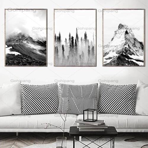 Nordic Black and White Canvas Poster Snow Mountain Foggy Forest Landscape Canvas Painting Wall Art Picture for Home Living Room