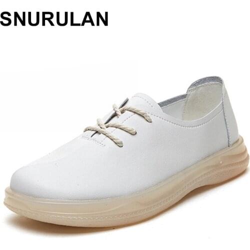 SNURULAN Women Genuine Leather Retro Oxfords For Women Office & Career Mother Loafers Female Casual Lace Up Shoes Woman Flats