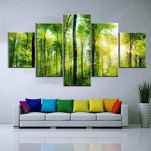 Modern HD Printed Pictures Living Room Canvas Sunshine Green Forest Landscape Painting Modular Trees Poster Wall Art Home Decor
