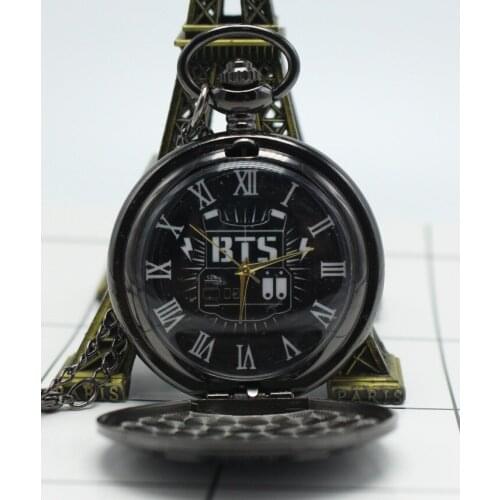 Antique BTS Quartz Pocket Watch Analog Pendant Necklace Chain Mens Womens Watches Birthday Gift relogio de bolso Black