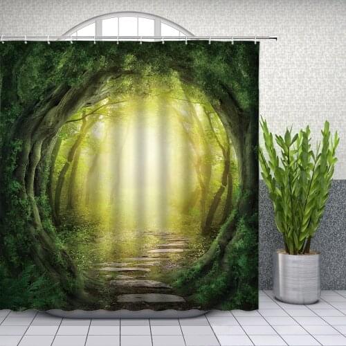 Fantasy Forest Shower Curtains Round Tree Door Misty Small Road Plant Fairy Tale Bathroom Decor Waterproof Cloth Curtain Set