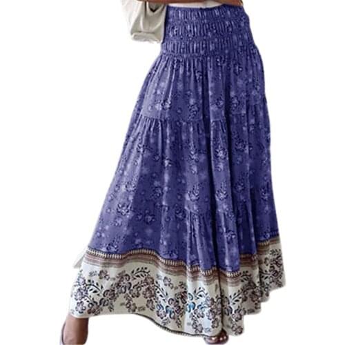 Ankle-length Skirt Skin-friendly Elastic Floral Printed Women Flower Ethnic Print Long Skirt for Dating Street wear Green xxxl