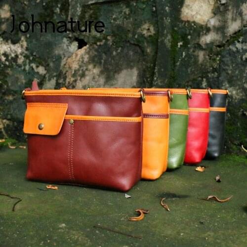 Johnature Leisure Versatile Women Small Bag 2021 New Genuine Leather First Layer Cowhide Solid Color Shoulder & Crossbody Bags
