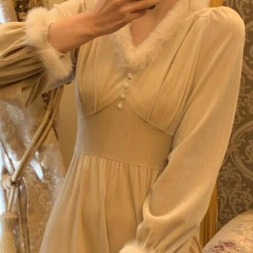 Woman Dresses Autumn and Winter Hepburn Long Sleeve Plush Lace Dress Vestido De Mujer Femme Robe