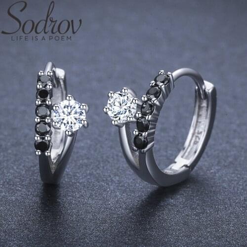 SODROV Genuine 3.5g 925 Sterling Silver Earrings Hoop Earrings for Women Black Spinel Silver 925 Jewelry II109