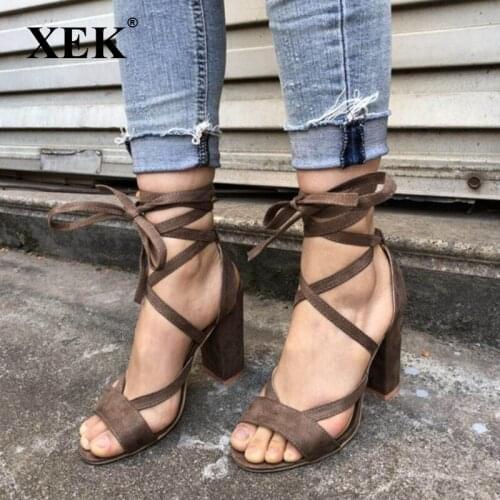 XEK Plus Size 43 Female Ankle Strap High Heels Flock Gladiator Shoes Fashion Women Party Wedding Pumps Drop Shipping ZLL691