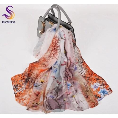 [BYSIFA] Purple Silk Scarf 2019 Brand Spring New Floral Design Long 100% Silk Chiffon Scarf Shawl Autumn Winter Women Neck Scarf