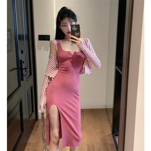 Womens Cotton Outfits Suspender High Side Split Kinny Knee-Length Skirt Striped Long Sleeve Cardigan Tops Two Piece Sets