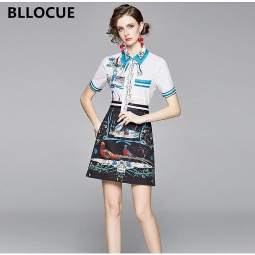 BLLOCUE Summer Fashion Runway Birds Flower Print Two Piece Set Women Bow Collar Short Sleeve Shirt Top+Vintage A-Line Skirt Set