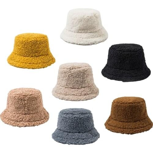 Winter Warm Hat Women Student Thicken Fuzzy Plush Bucket Hat Solid Color Casual Round Flat Top Wide Brim Sunscreen Fisherman Cap