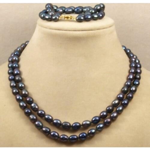 2 row 8-9mm genuine black fresh water oval pearl necklace bracelets 18-19"/7.5"