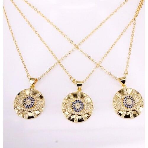 6PCS, Fashion Blue CZ Micro Pave Eye In Round Pendant Gold Filled Necklaces