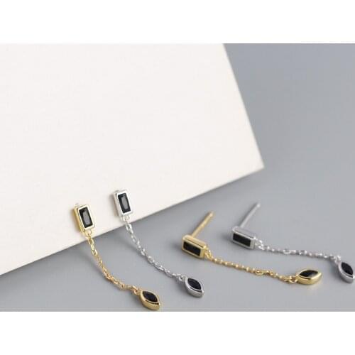 925 Sterling Silver Earring Zircon Geometric Rectangle Horse Eye Tassel Chain Long Earring French Metal Style Woman Ear Jewelry