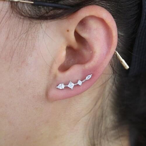 Gold Color Fashion Jewelry Sparking Bling Geometric CZ Cubic Zirconia Cluster Long Curved Bar Climber Delicate Stunning Earring