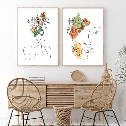 Woman Line Art Print Lady Flower Face Line Drawing Canvas Painting Home Decor for Living Room