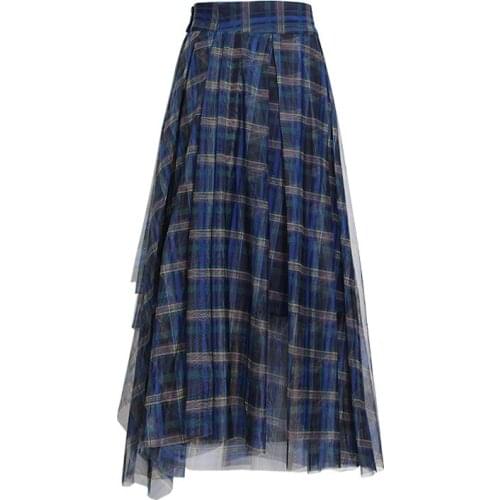 Korean Retro Blue Plaid Long Skirt Women Clothes 2021 Autumn High Waist Slim Irregular Dsigner Fashion Chic A-Line Mesh Skirt