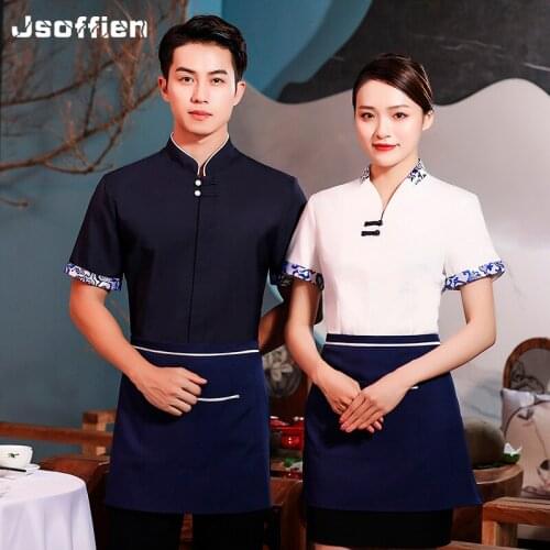 Short Sleeve Chinese Restaurant Waiter Uniform Woman Hotel Food Service Kitchen Waitress Uniform Man Cafe Staff Overalls