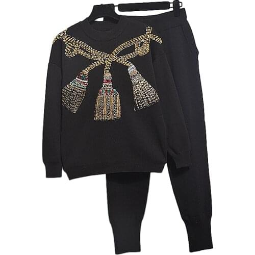 High quality Knit Pants Suit Women Autumn New Fashion Beading Knitted Sweater + Little feet Pants 2 Piece Set Women Clothes H702